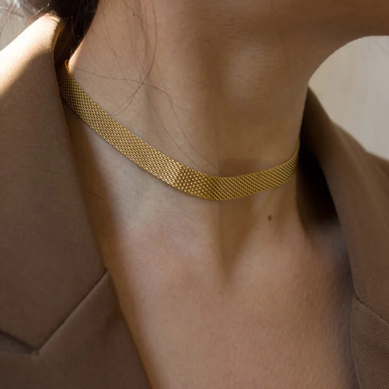 E.B.belle 3 Layers Gold Plating Stainless Steel Anti-allergy&Eco-friendly Wide Braided Mesh Chain Gold Choker Necklace For Women