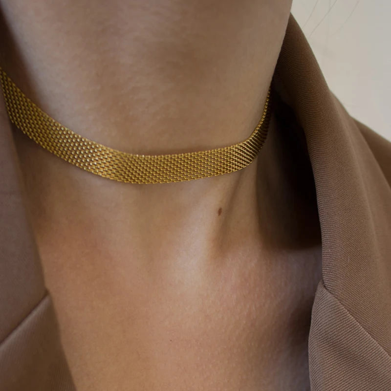E.B.belle 3 Layers Gold Plating Stainless Steel Anti-allergy&Eco-friendly Wide Braided Mesh Chain Gold Choker Necklace For Women