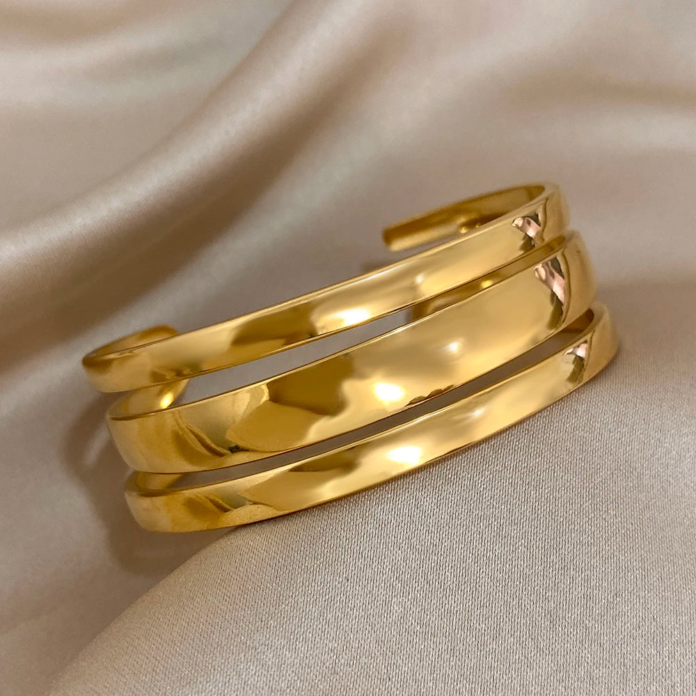 Simple Stainless Steel Gold Plated Chunky Cuff Bracelet for Women Waterproof Jewelry Exaggerated Glossy Smooth Wristband Bangles