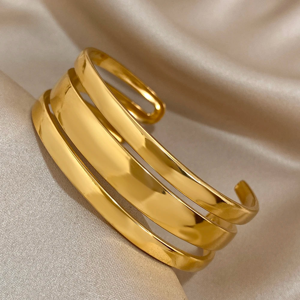 Simple Stainless Steel Gold Plated Chunky Cuff Bracelet for Women Waterproof Jewelry Exaggerated Glossy Smooth Wristband Bangles