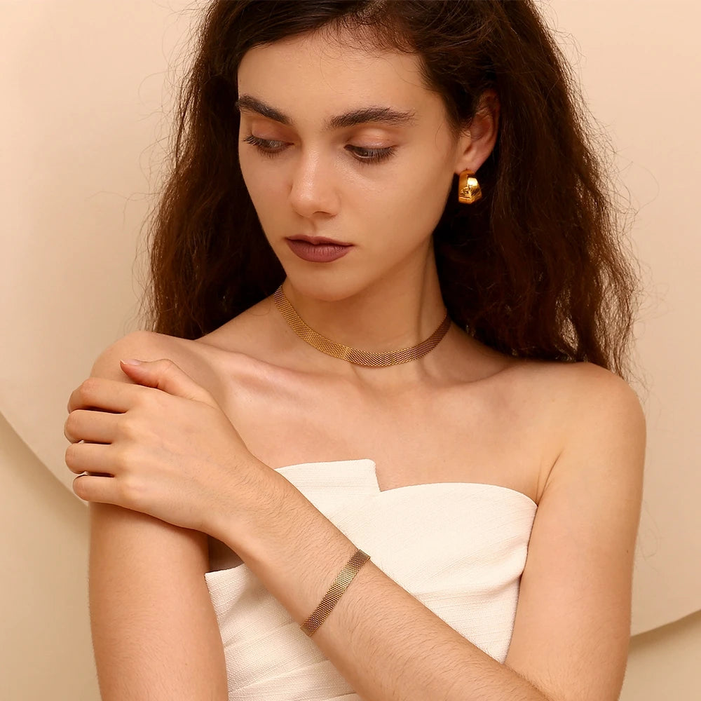 E.B.belle 3 Layers Gold Plating Stainless Steel Anti-allergy&Eco-friendly Wide Braided Mesh Chain Gold Choker Necklace For Women